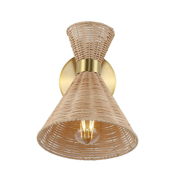 Zoey 10" 1-Light Mid-Century Vintage Retro Rattan/Metal LED Sconce with Adjustable Shade - JONATHAN Y